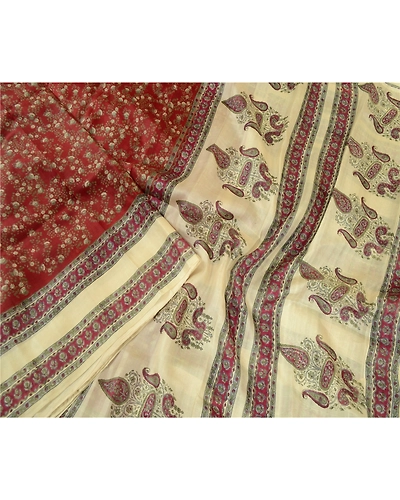 Sanskriti Vintage Sarees Dark Red &amp; Cream Pure Silk Printed Sari Craft Fabric, PR-64730-Dark Red &amp; Cream-Pure Silk-2