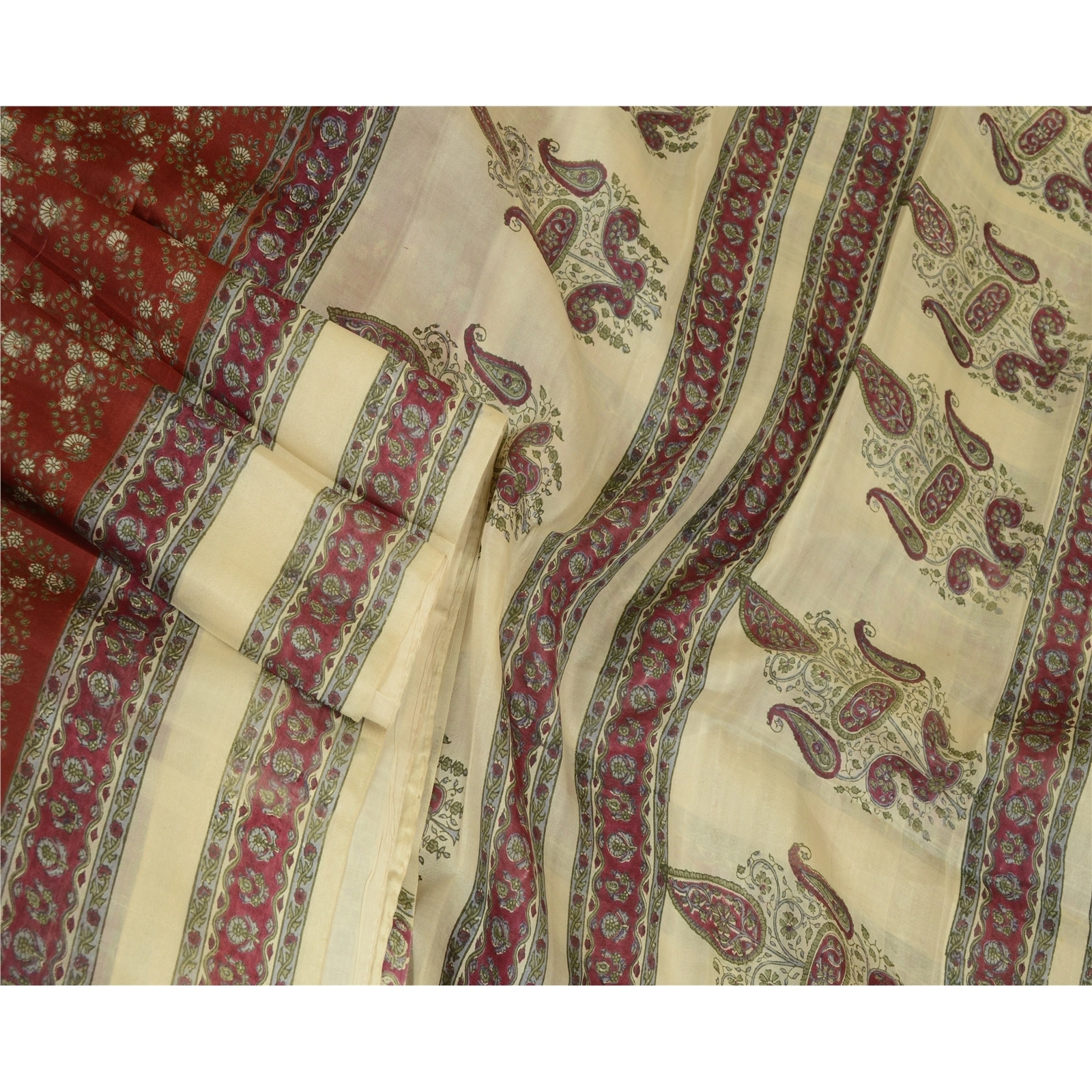 Sanskriti Vintage Sarees Dark Red &amp; Cream Pure Silk Printed Sari Craft Fabric, PR-64730-Dark Red &amp; Cream-Pure Silk-3