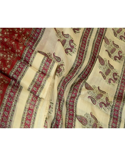 Sanskriti Vintage Sarees Dark Red &amp; Cream Pure Silk Printed Sari Craft Fabric, PR-64730-Dark Red &amp; Cream-Pure Silk-3