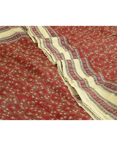 Sanskriti Vintage Sarees Dark Red &amp; Cream Pure Silk Printed Sari Craft Fabric, PR-64730-Dark Red &amp; Cream-Pure Silk-4