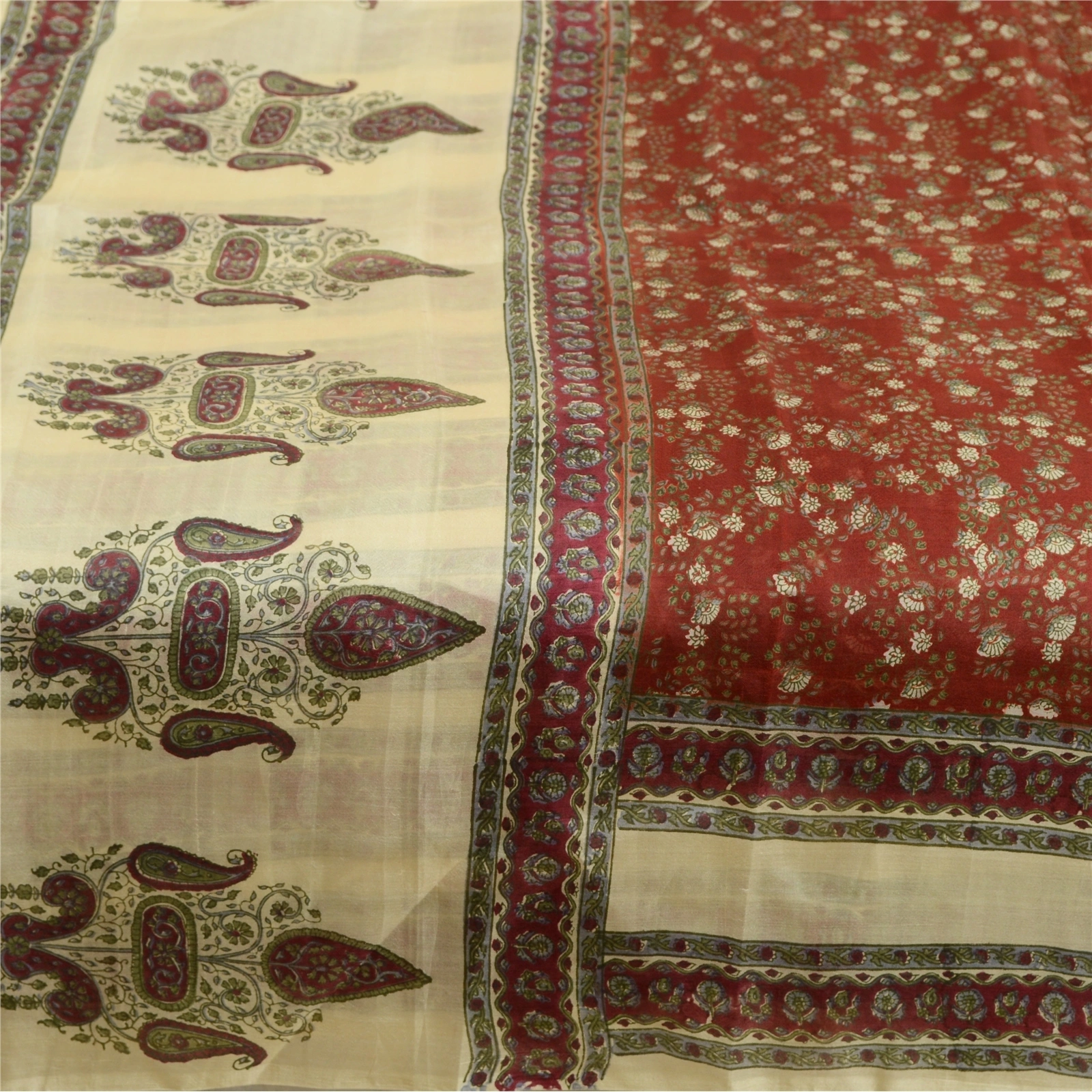 Sanskriti Vintage Sarees Dark Red &amp; Cream Pure Silk Printed Sari Craft Fabric, PR-64730-Dark Red &amp; Cream-Pure Silk-5