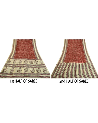 Sanskriti Vintage Sarees Dark Red &amp; Cream Pure Silk Printed Sari Craft Fabric, PR-64730-Dark Red &amp; Cream-Pure Silk-6