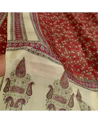 Sanskriti Vintage Sarees Dark Red &amp; Cream Pure Silk Printed Sari Craft Fabric, PR-64730-Dark Red &amp; Cream-Pure Silk-7