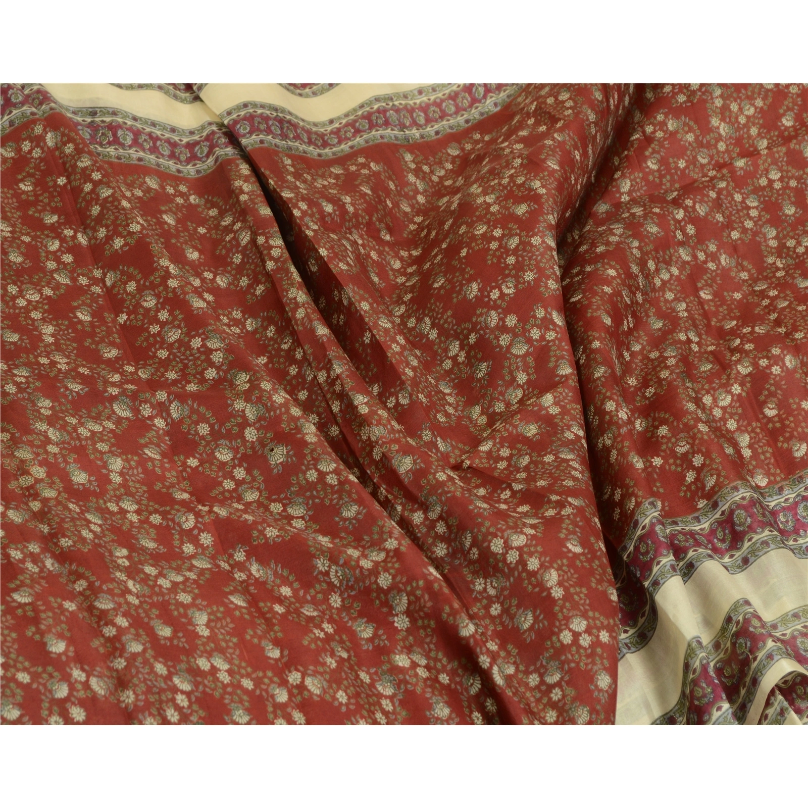 Sanskriti Vintage Sarees Dark Red &amp; Cream Pure Silk Printed Sari Craft Fabric, PR-64730-Dark Red &amp; Cream-Pure Silk-8