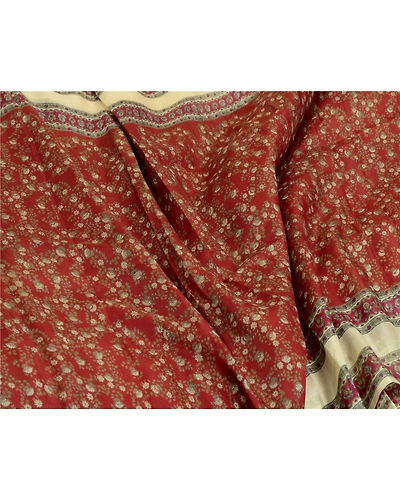 Sanskriti Vintage Sarees Dark Red &amp; Cream Pure Silk Printed Sari Craft Fabric, PR-64730-Dark Red &amp; Cream-Pure Silk-8