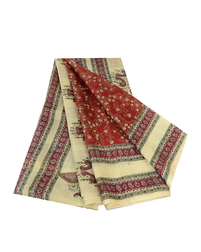 Sanskriti Vintage Sarees Dark Red &amp; Cream Pure Silk Printed Sari Craft Fabric, PR-64730-Dark Red &amp; Cream-Pure Silk-9