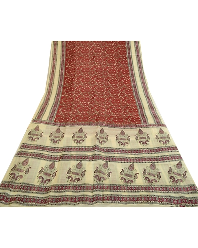 Sanskriti Vintage Sarees Dark Red &amp; Cream Pure Silk Printed Sari Craft Fabric, PR-64730-Dark Red &amp; Cream-Pure Silk-10