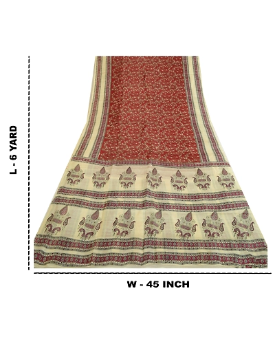 Sanskriti Vintage Sarees Dark Red &amp; Cream Pure Silk Printed Sari Craft Fabric, PR-64730-Dark Red &amp; Cream-Pure Silk-11