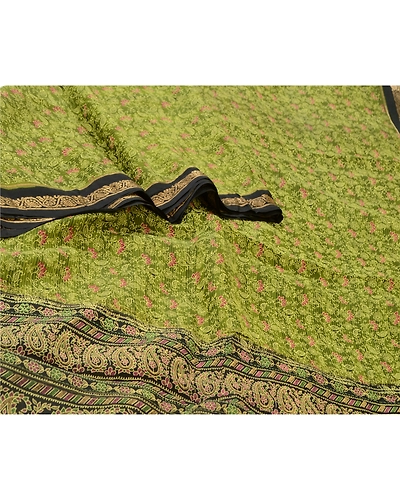 Sanskriti Vintage Sarees Green/Black 100% Pure Silk Painted Sari Craft Fabric, PR-64733-Green &amp; Black-Pure Silk-1