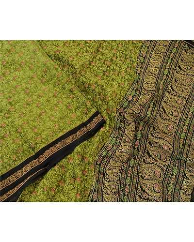 Sanskriti Vintage Sarees Green/Black 100% Pure Silk Painted Sari Craft Fabric, PR-64733-Green &amp; Black-Pure Silk-3