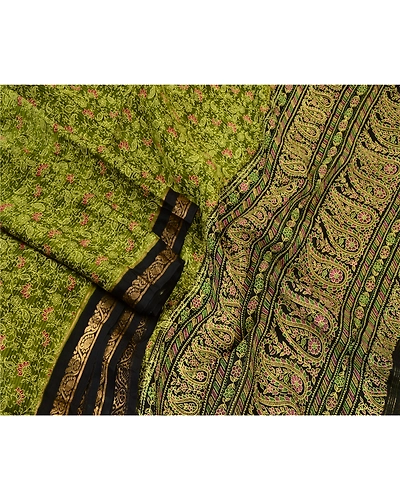 Sanskriti Vintage Sarees Green/Black 100% Pure Silk Painted Sari Craft Fabric, PR-64733-Green &amp; Black-Pure Silk-4