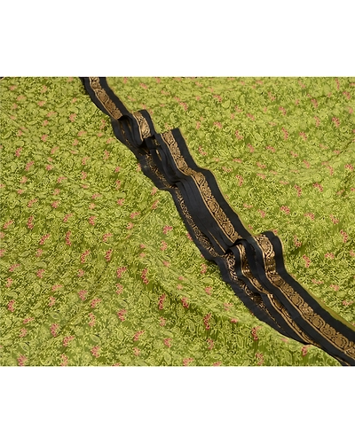Sanskriti Vintage Sarees Green/Black 100% Pure Silk Painted Sari Craft Fabric, PR-64733-Green &amp; Black-Pure Silk-5