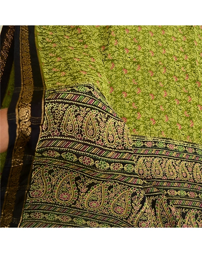 Sanskriti Vintage Sarees Green/Black 100% Pure Silk Painted Sari Craft Fabric, PR-64733-Green &amp; Black-Pure Silk-6