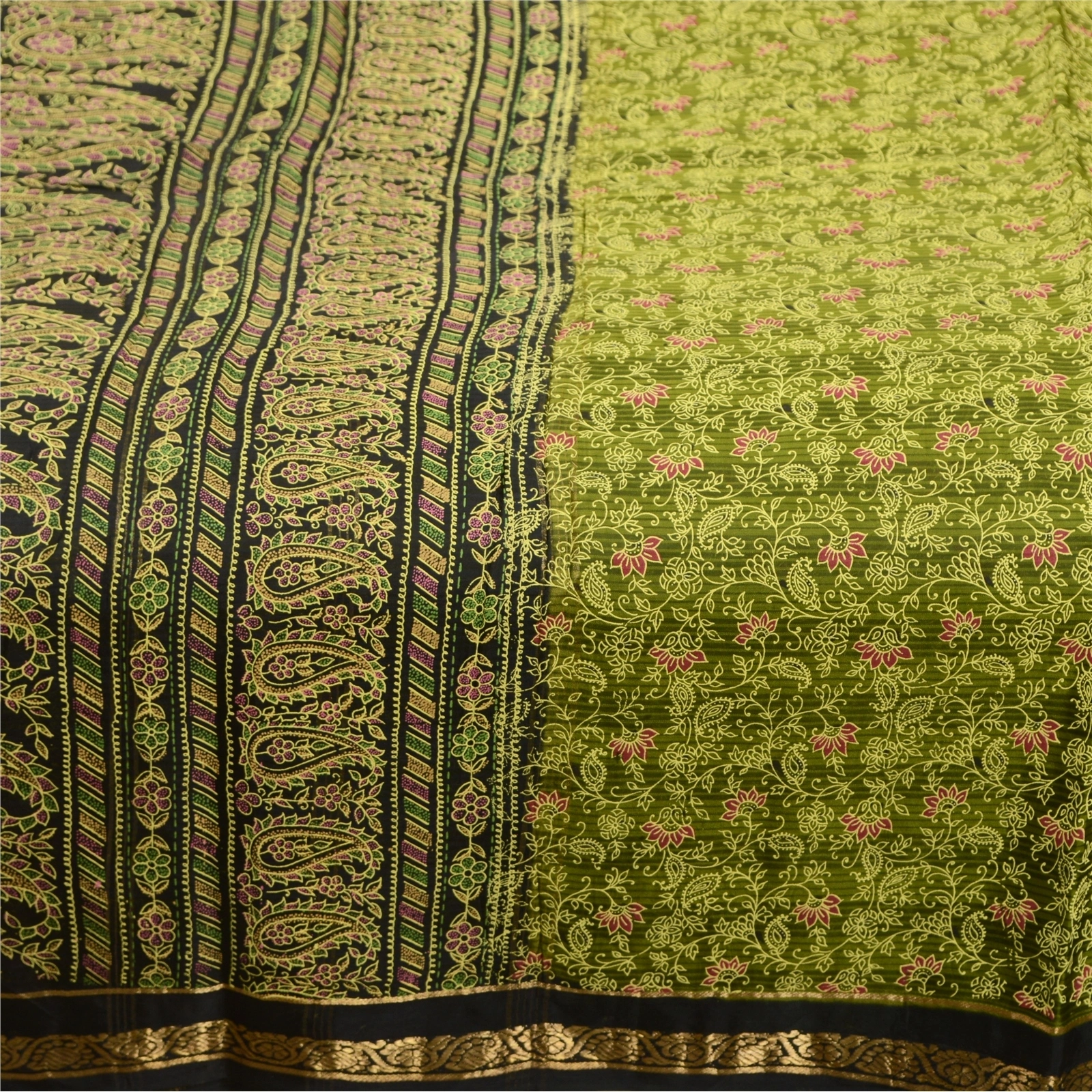 Sanskriti Vintage Sarees Green/Black 100% Pure Silk Painted Sari Craft Fabric, PR-64733-Green &amp; Black-Pure Silk-8