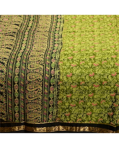 Sanskriti Vintage Sarees Green/Black 100% Pure Silk Painted Sari Craft Fabric, PR-64733-Green &amp; Black-Pure Silk-8