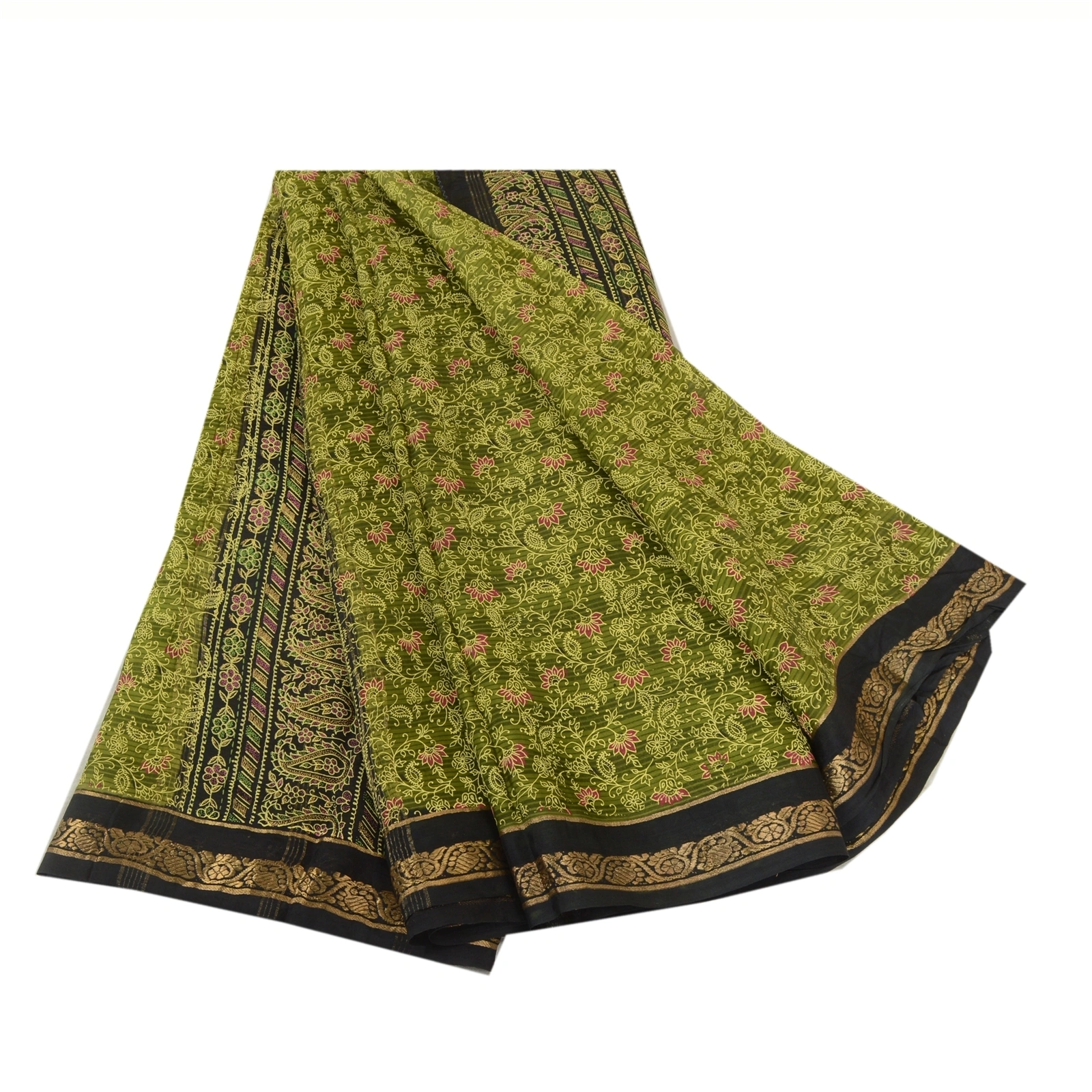 Sanskriti Vintage Sarees Green/Black 100% Pure Silk Painted Sari Craft Fabric, PR-64733-Green &amp; Black-Pure Silk-10