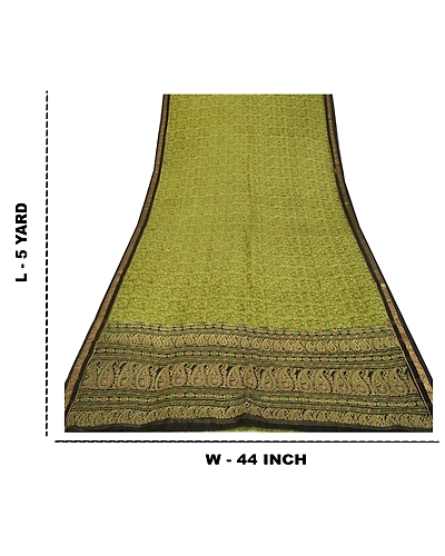 Sanskriti Vintage Sarees Green/Black 100% Pure Silk Painted Sari Craft Fabric, PR-64733-Green &amp; Black-Pure Silk-12