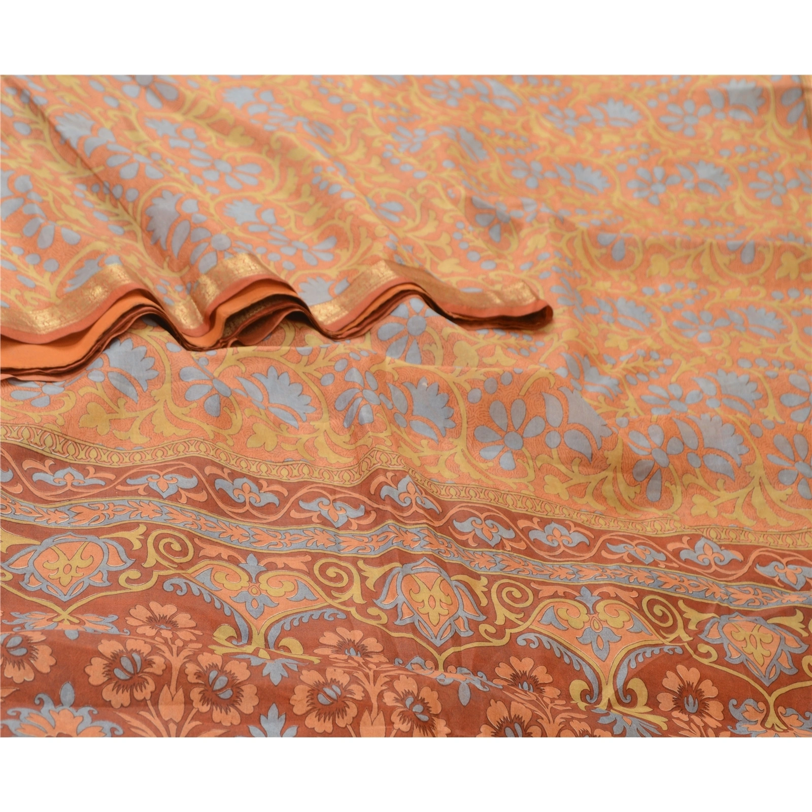 Sanskriti Vintage Orange Sarees Pure Silk Printed Sari Craft Zari Border Fabric, PR-64736-Shade Of Orange-Pure Silk-1