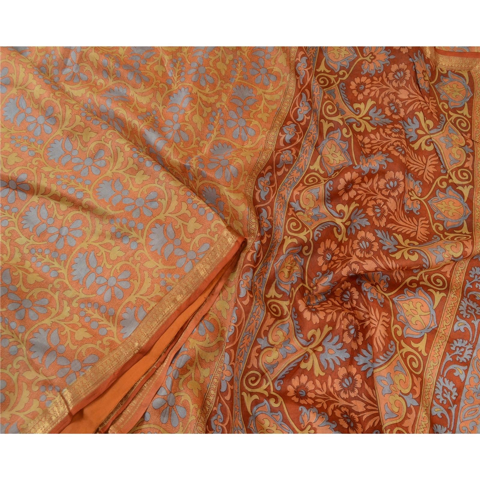 Sanskriti Vintage Orange Sarees Pure Silk Printed Sari Craft Zari Border Fabric, PR-64736-Shade Of Orange-Pure Silk-3