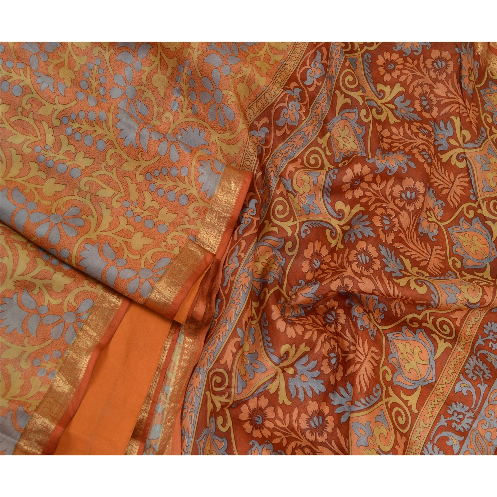 Sanskriti Vintage Orange Sarees Pure Silk Printed Sari Craft Zari Border Fabric, PR-64736-Shade Of Orange-Pure Silk-4