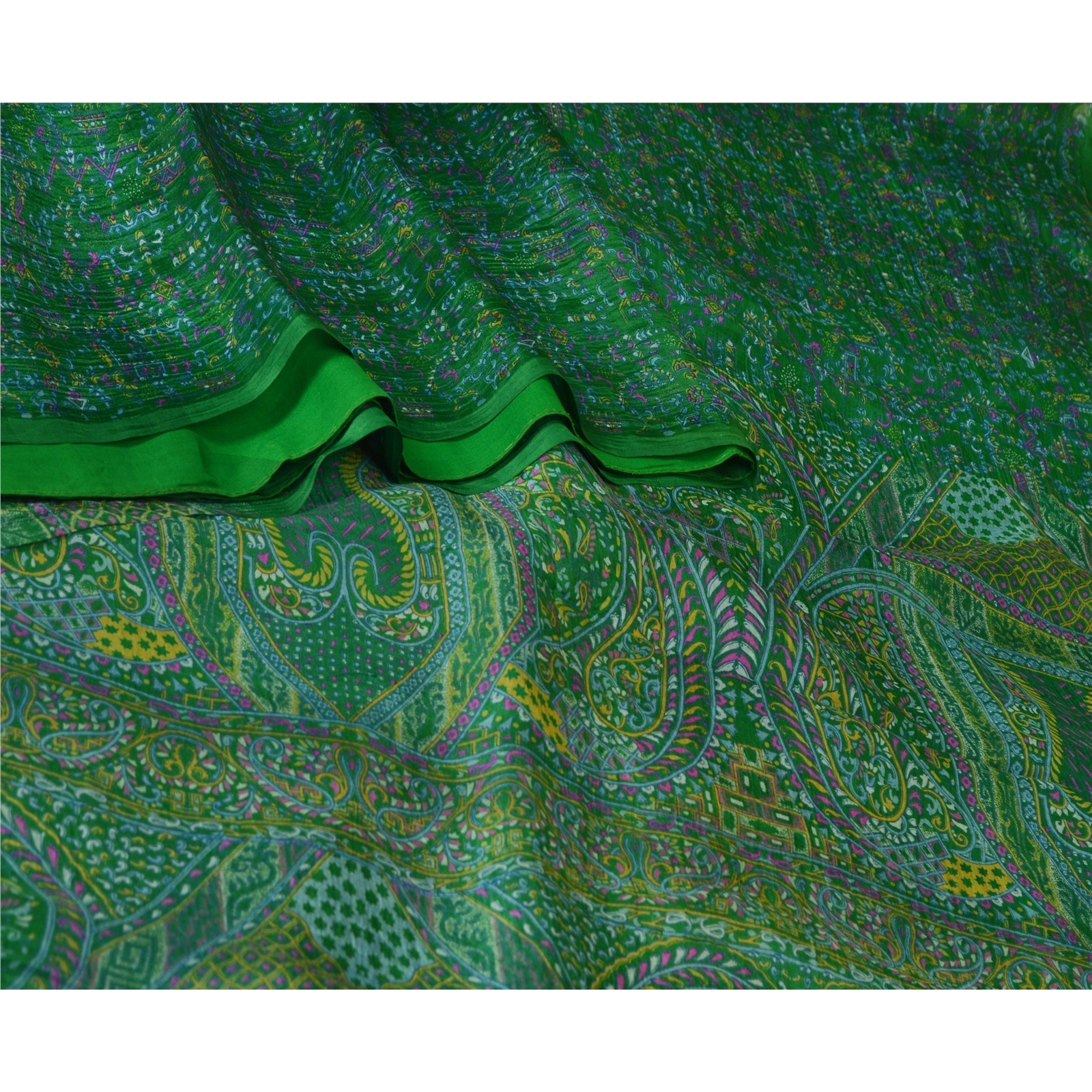 Sanskriti Vintage Green Sarees 100% Pure Silk Printed Sari Craft 5 Yard Fabric, PR-64737-Green-100% Pure Silk-1