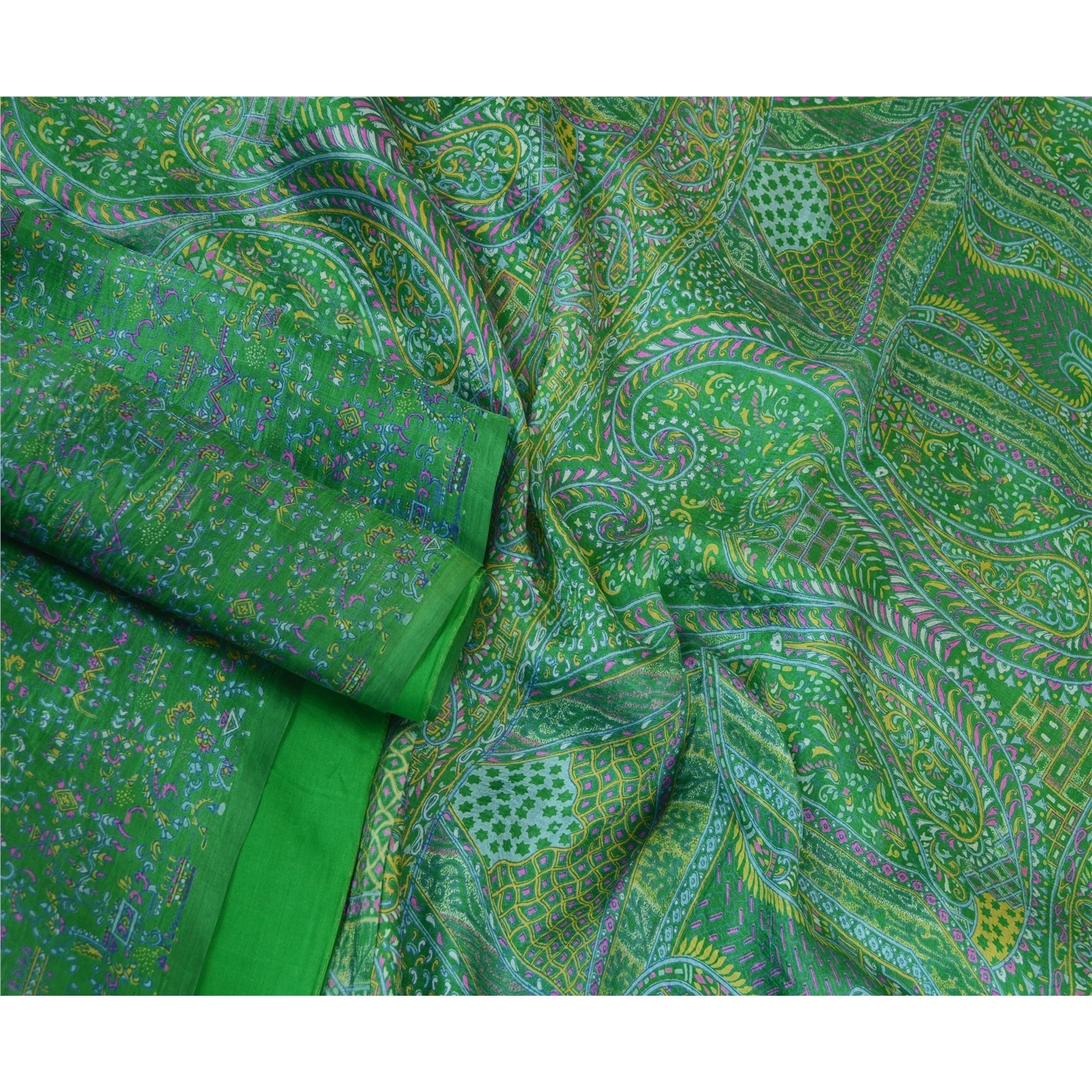 Sanskriti Vintage Green Sarees 100% Pure Silk Printed Sari Craft 5 Yard Fabric, PR-64737-Green-100% Pure Silk-4