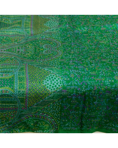 Sanskriti Vintage Green Sarees 100% Pure Silk Printed Sari Craft 5 Yard Fabric, PR-64737-Green-100% Pure Silk-6