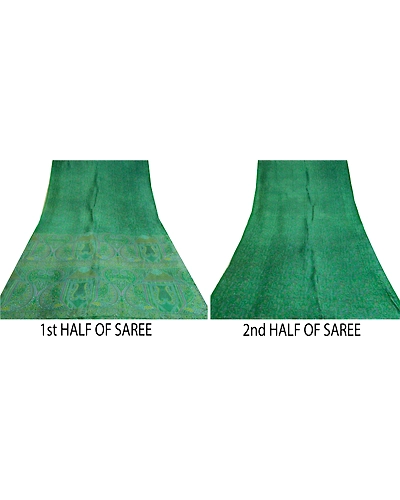 Sanskriti Vintage Green Sarees 100% Pure Silk Printed Sari Craft 5 Yard Fabric, PR-64737-Green-100% Pure Silk-7