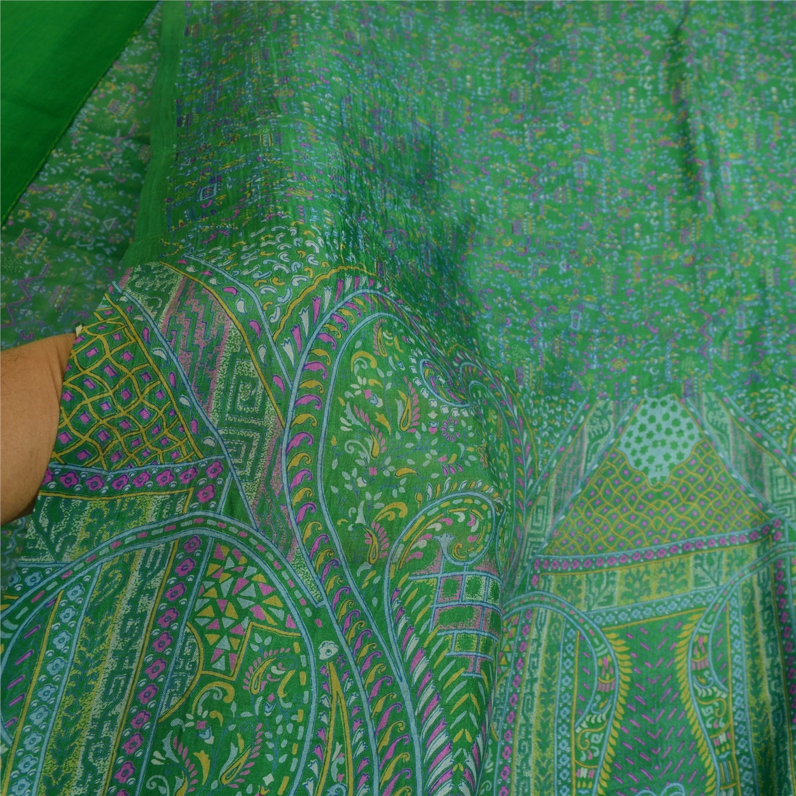 Sanskriti Vintage Green Sarees 100% Pure Silk Printed Sari Craft 5 Yard Fabric, PR-64737-Green-100% Pure Silk-8