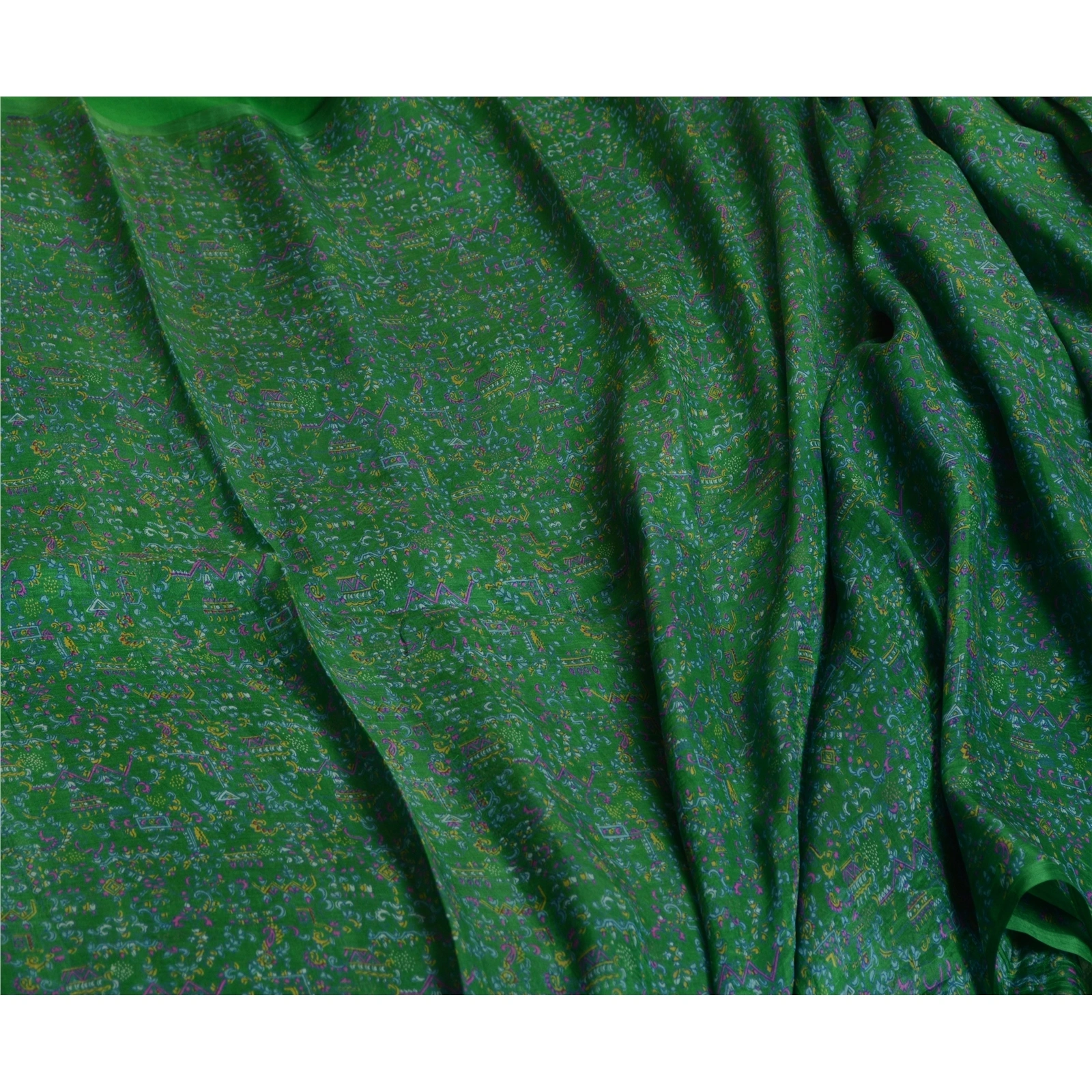 Sanskriti Vintage Green Sarees 100% Pure Silk Printed Sari Craft 5 Yard Fabric, PR-64737-Green-100% Pure Silk-9