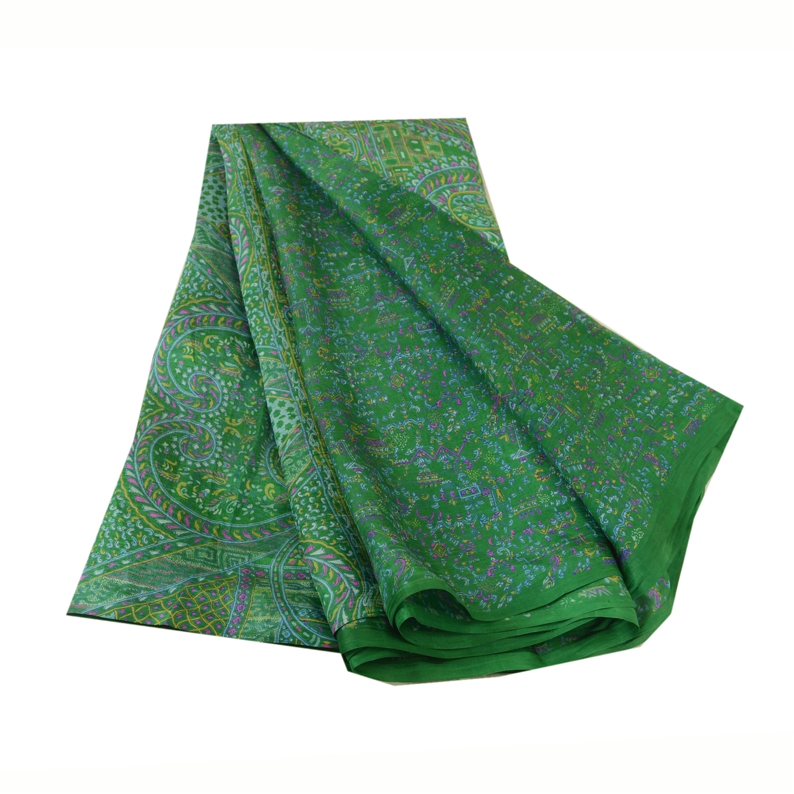 Sanskriti Vintage Green Sarees 100% Pure Silk Printed Sari Craft 5 Yard Fabric, PR-64737-Green-100% Pure Silk-10