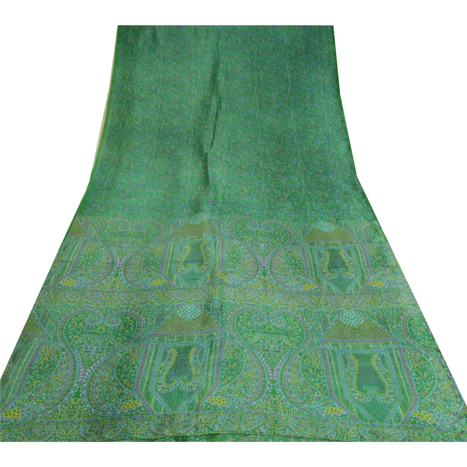 Sanskriti Vintage Green Sarees 100% Pure Silk Printed Sari Craft 5 Yard Fabric, PR-64737-Green-100% Pure Silk-11