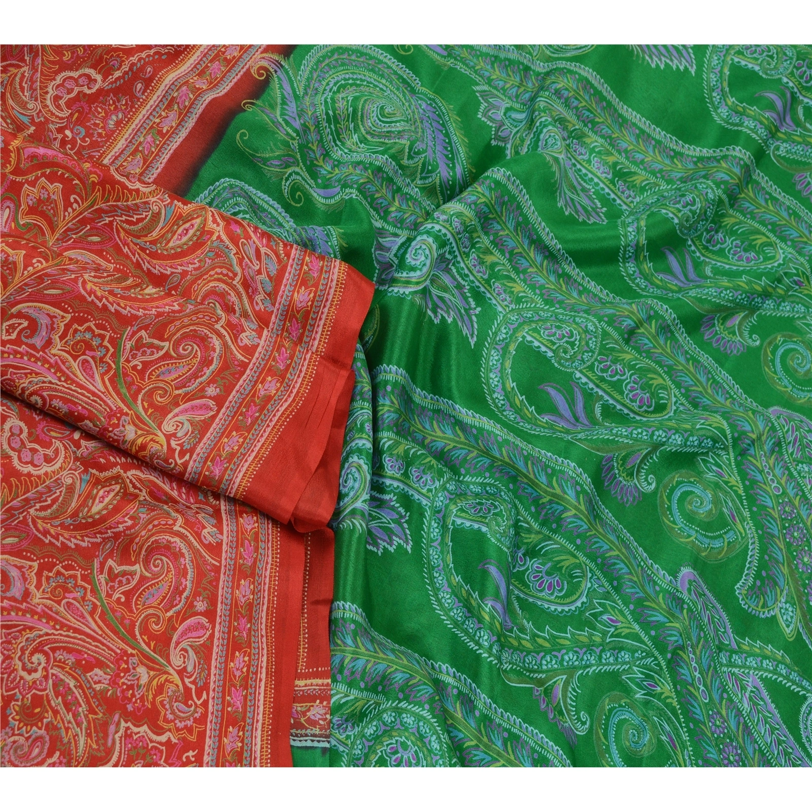 Sanskriti Vintage Dark Red/Green Sarees 100% Pure Silk Printed Sari Craft Fabric, PR-64744-Dark Red &amp; Green-100% Pure Silk-3