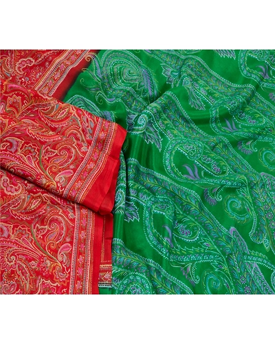 Sanskriti Vintage Dark Red/Green Sarees 100% Pure Silk Printed Sari Craft Fabric, PR-64744-Dark Red &amp; Green-100% Pure Silk-3