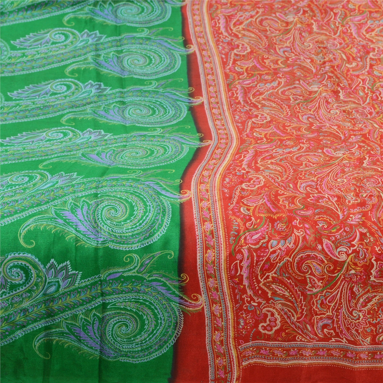 Sanskriti Vintage Dark Red/Green Sarees 100% Pure Silk Printed Sari Craft Fabric, PR-64744-Dark Red &amp; Green-100% Pure Silk-5