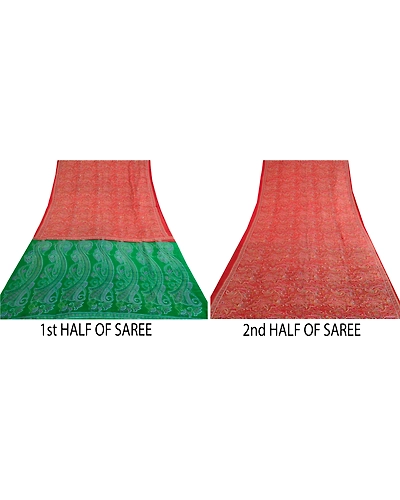 Sanskriti Vintage Dark Red/Green Sarees 100% Pure Silk Printed Sari Craft Fabric, PR-64744-Dark Red &amp; Green-100% Pure Silk-6