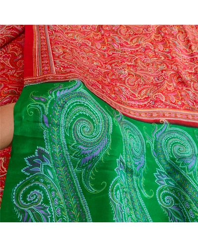 Sanskriti Vintage Dark Red/Green Sarees 100% Pure Silk Printed Sari Craft Fabric, PR-64744-Dark Red &amp; Green-100% Pure Silk-7