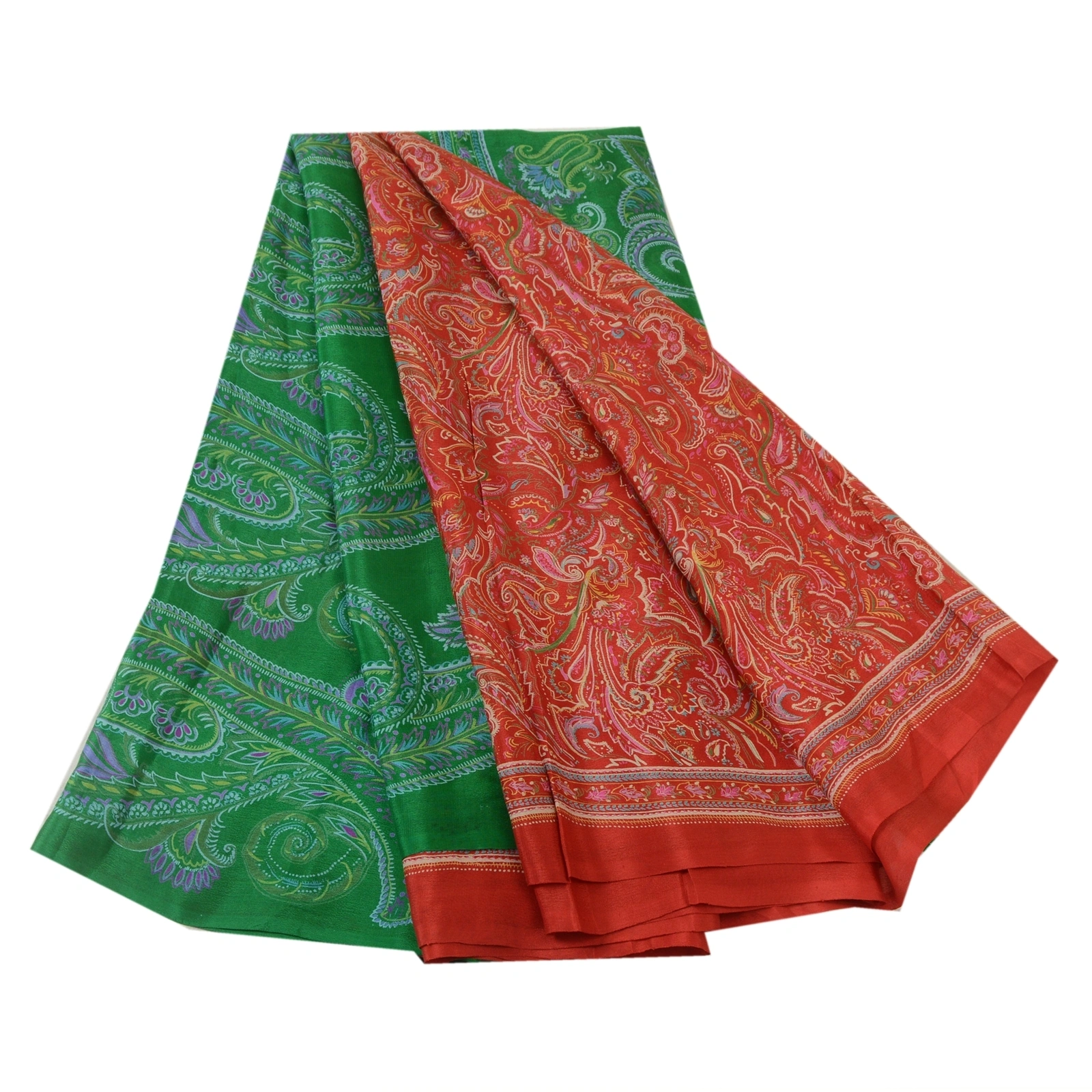 Sanskriti Vintage Dark Red/Green Sarees 100% Pure Silk Printed Sari Craft Fabric, PR-64744-Dark Red &amp; Green-100% Pure Silk-9