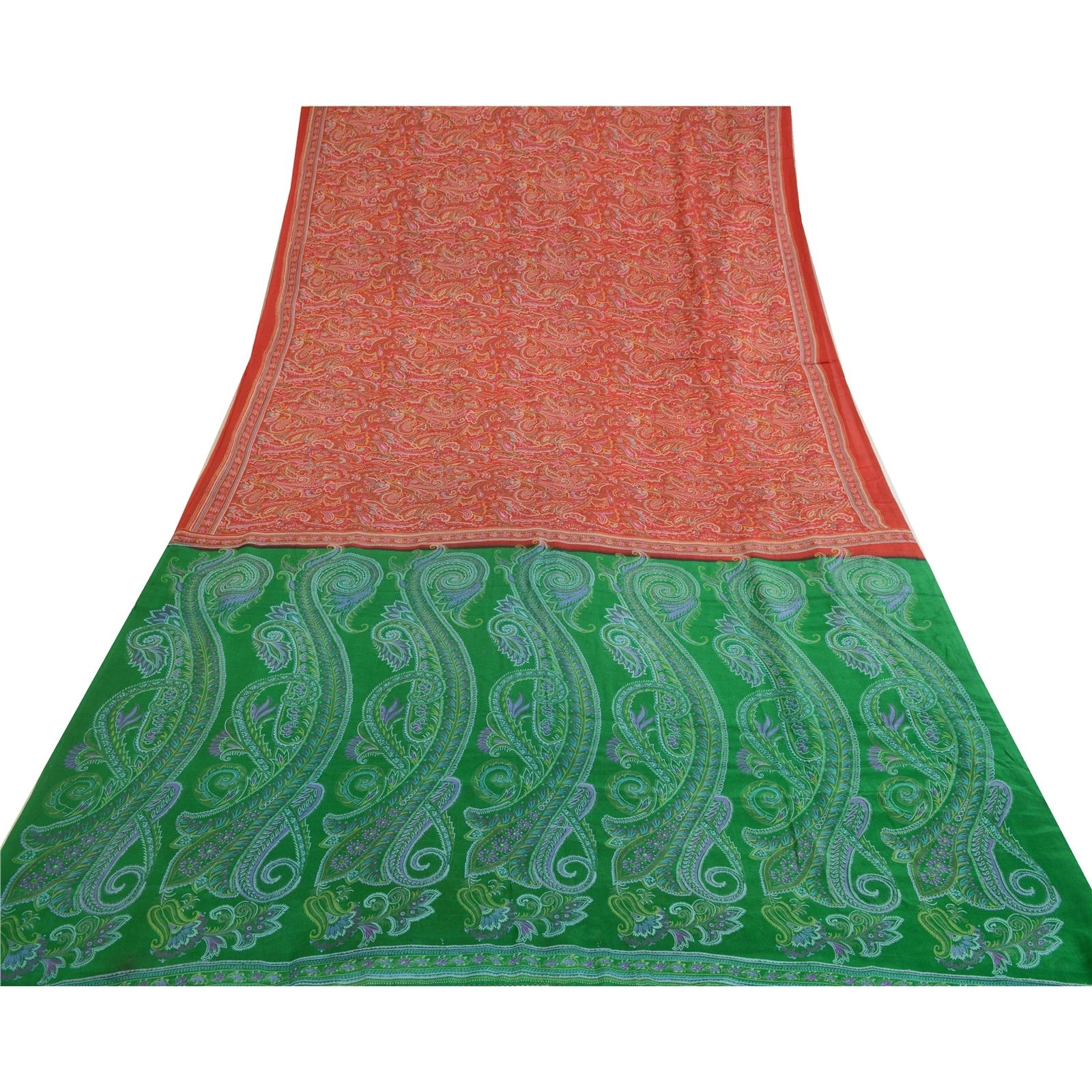 Sanskriti Vintage Dark Red/Green Sarees 100% Pure Silk Printed Sari Craft Fabric, PR-64744-Dark Red &amp; Green-100% Pure Silk-10