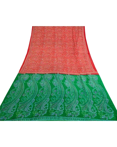 Sanskriti Vintage Dark Red/Green Sarees 100% Pure Silk Printed Sari Craft Fabric, PR-64744-Dark Red &amp; Green-100% Pure Silk-10