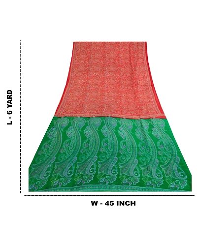 Sanskriti Vintage Dark Red/Green Sarees 100% Pure Silk Printed Sari Craft Fabric, PR-64744-Dark Red &amp; Green-100% Pure Silk-11