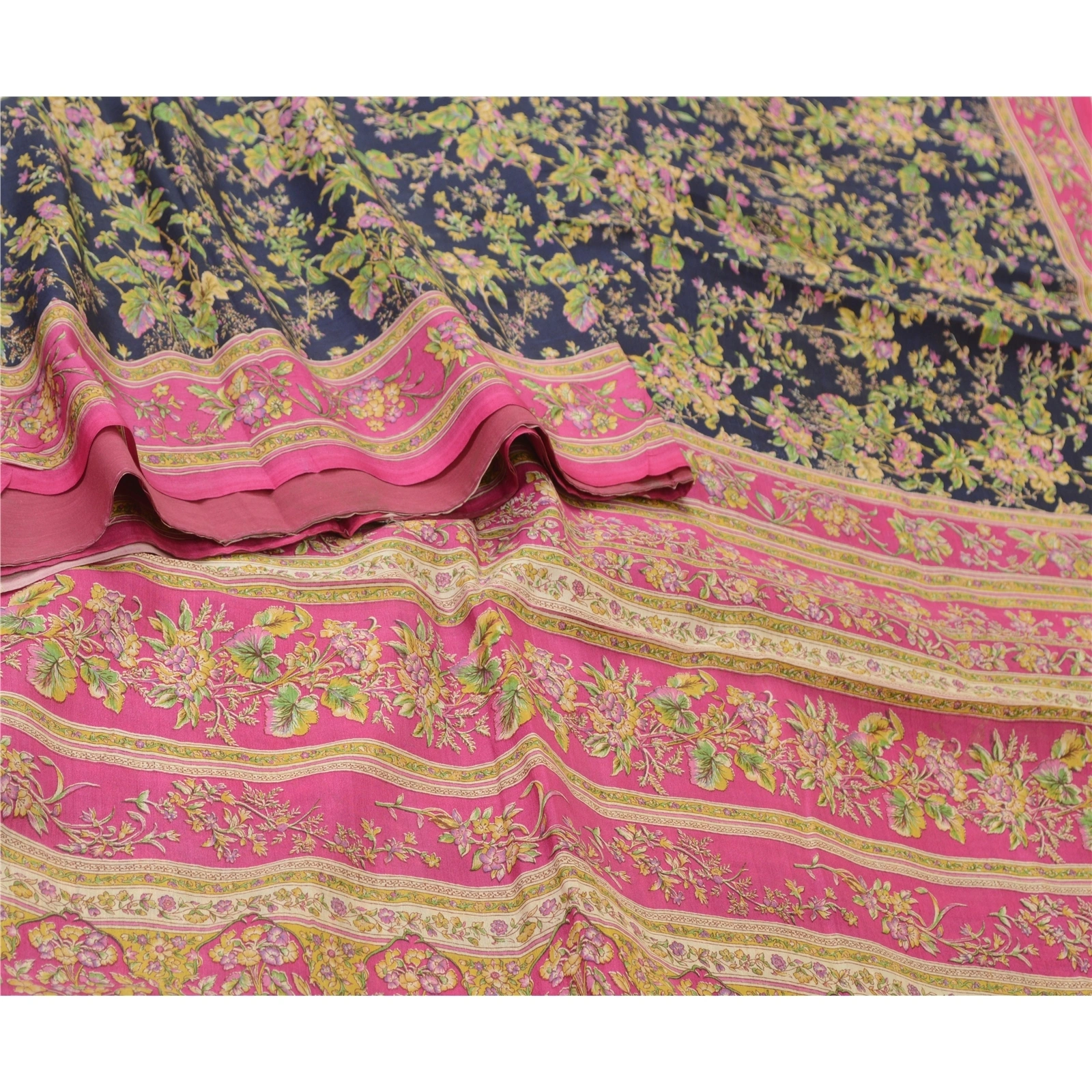 Sanskriti Vintage Blue/Pink Sarees 100% Pure Silk Printed Sari Craft Fabric, PR-64745-Blue &amp; Pink-Pure Silk-1