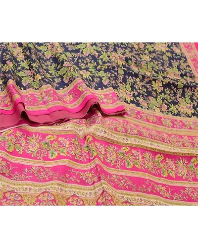 Sanskriti Vintage Blue/Pink Sarees 100% Pure Silk Printed Sari Craft Fabric, PR-64745-Blue &amp; Pink-Pure Silk-1