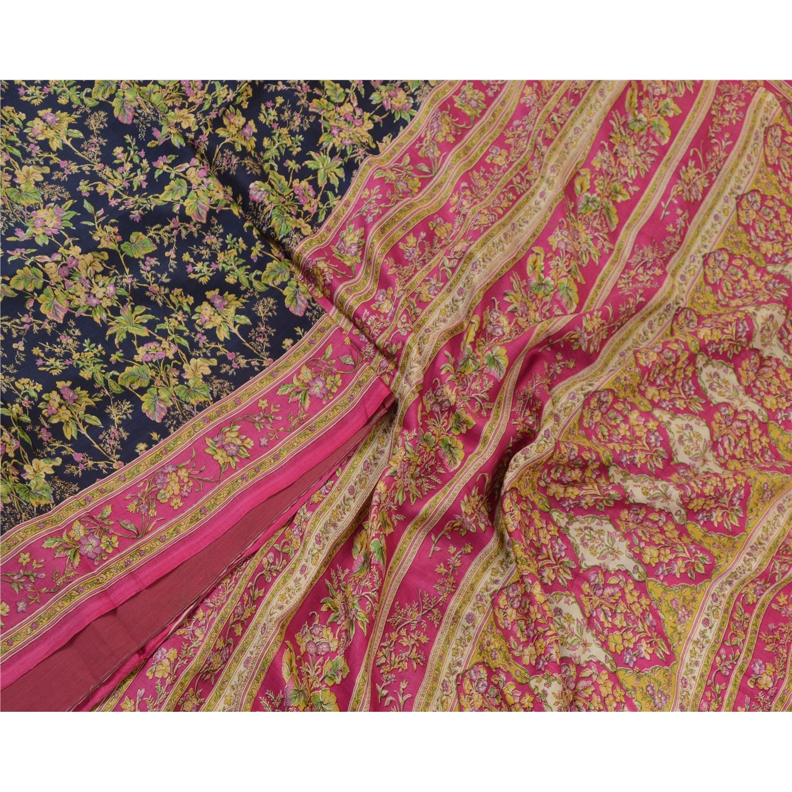 Sanskriti Vintage Blue/Pink Sarees 100% Pure Silk Printed Sari Craft Fabric, PR-64745-Blue &amp; Pink-Pure Silk-2