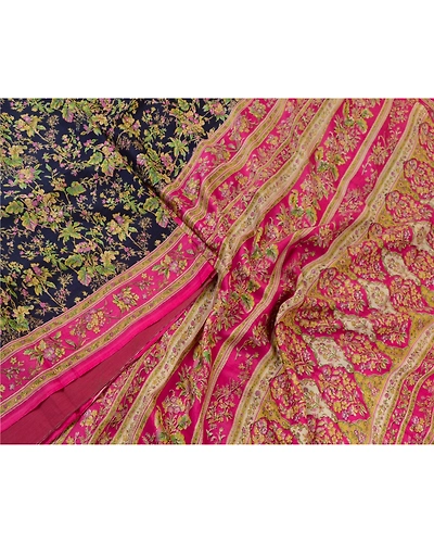 Sanskriti Vintage Blue/Pink Sarees 100% Pure Silk Printed Sari Craft Fabric, PR-64745-Blue &amp; Pink-Pure Silk-2