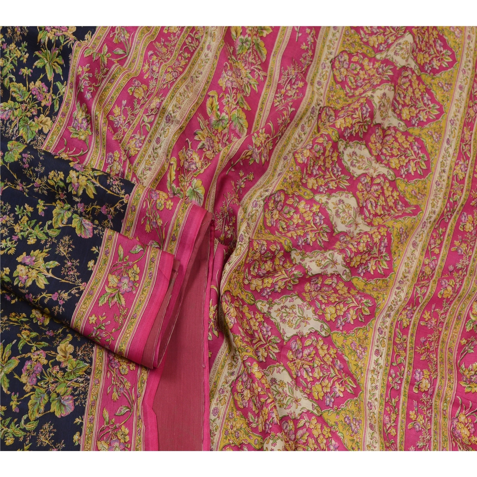 Sanskriti Vintage Blue/Pink Sarees 100% Pure Silk Printed Sari Craft Fabric, PR-64745-Blue &amp; Pink-Pure Silk-3