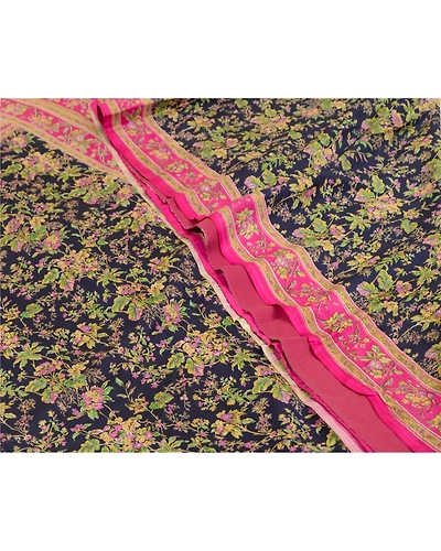 Sanskriti Vintage Blue/Pink Sarees 100% Pure Silk Printed Sari Craft Fabric, PR-64745-Blue &amp; Pink-Pure Silk-4