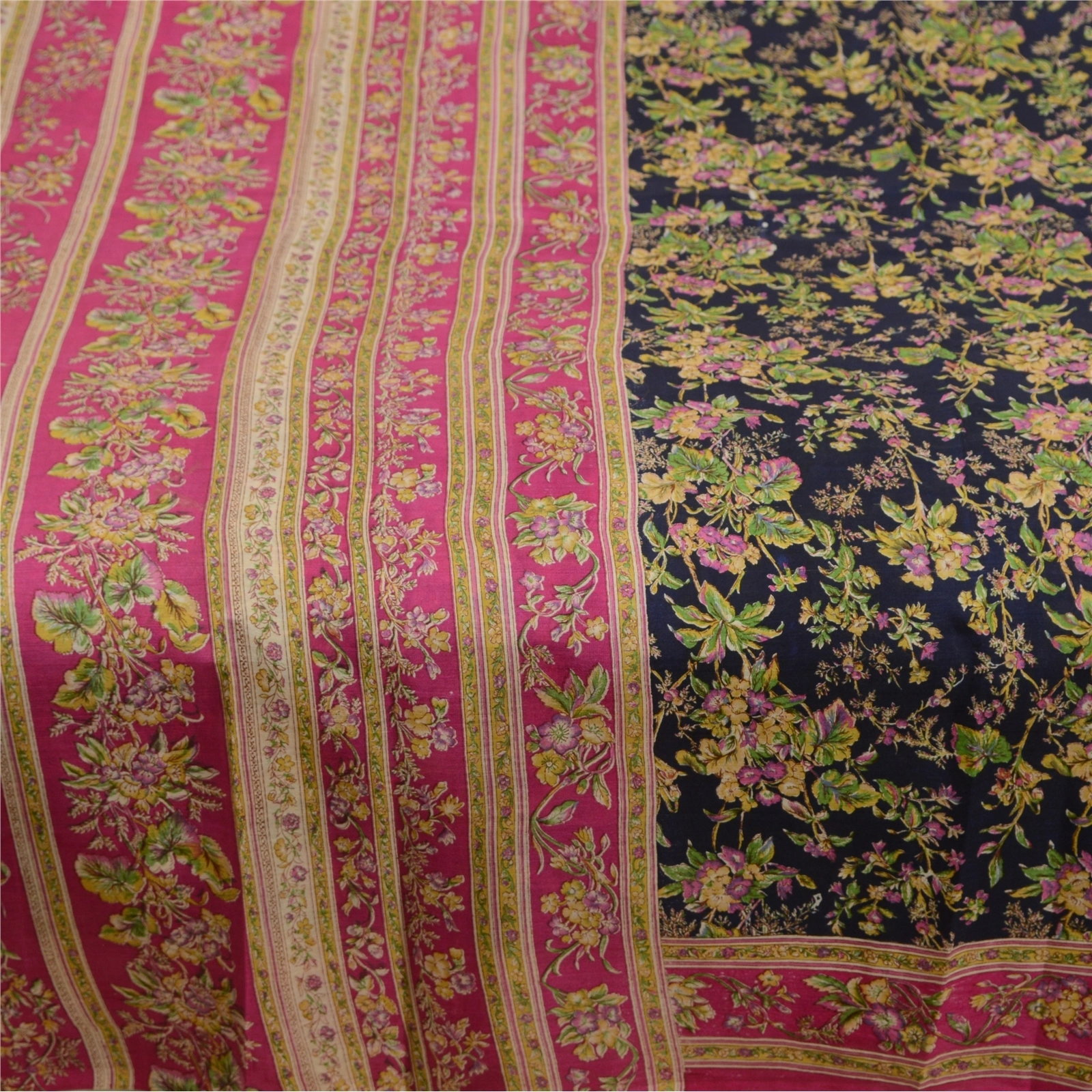 Sanskriti Vintage Blue/Pink Sarees 100% Pure Silk Printed Sari Craft Fabric, PR-64745-Blue &amp; Pink-Pure Silk-5