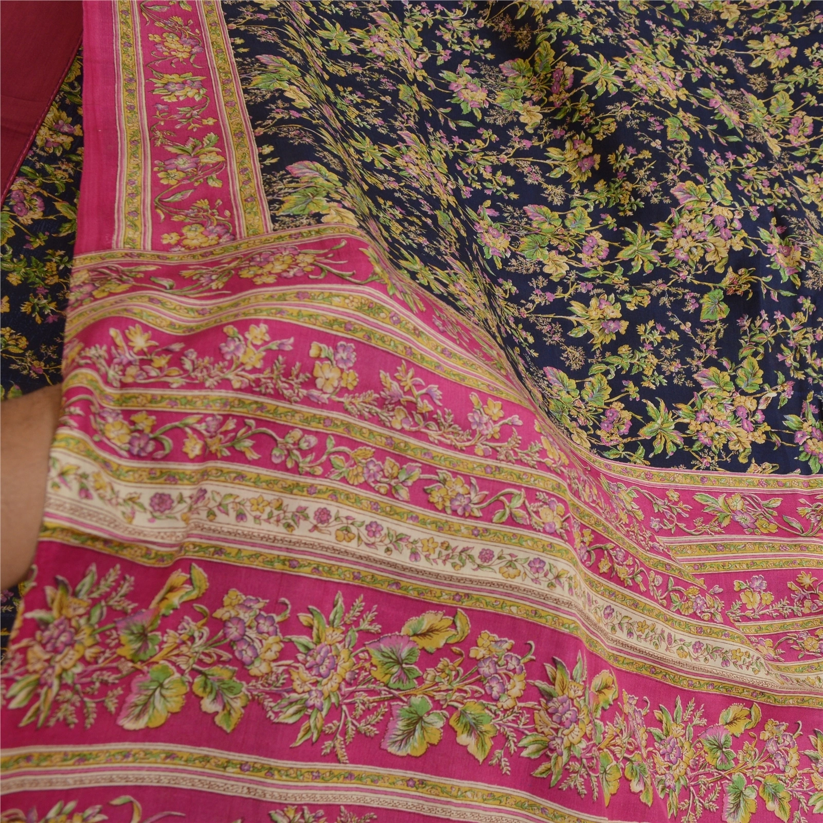 Sanskriti Vintage Blue/Pink Sarees 100% Pure Silk Printed Sari Craft Fabric, PR-64745-Blue &amp; Pink-Pure Silk-7