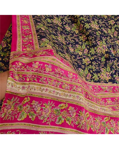 Sanskriti Vintage Blue/Pink Sarees 100% Pure Silk Printed Sari Craft Fabric, PR-64745-Blue &amp; Pink-Pure Silk-7